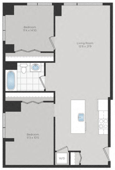 Floor plan for 2 beds, 1 bath, 947 sqft